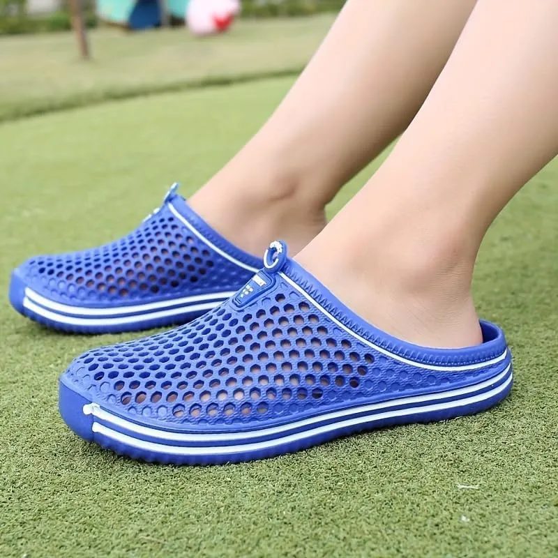 Women's Hollow Out Flat Clogs, Closed Toe Breathable Non Slip Garden Mules, Casual Beach Slide Shoes