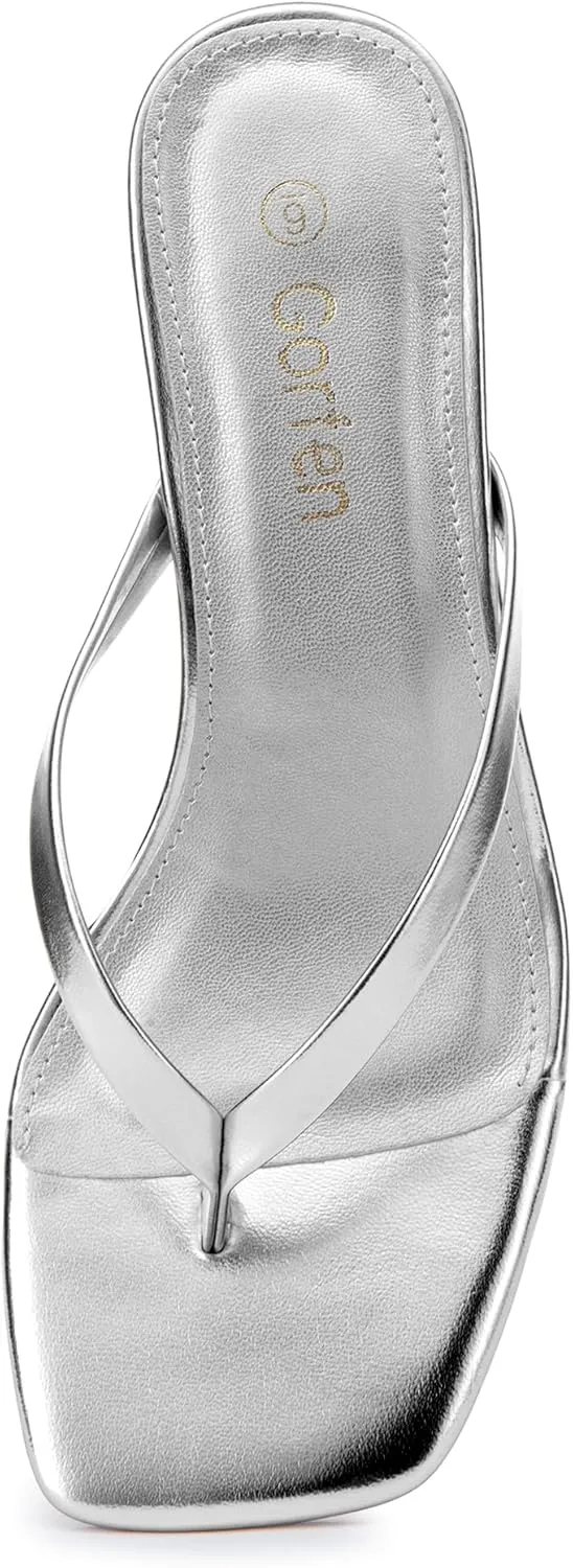 Women's Kitten Heel Sandals Square Toe Slip-On Flip Flop Heels Thong Sandals for Beach Summer