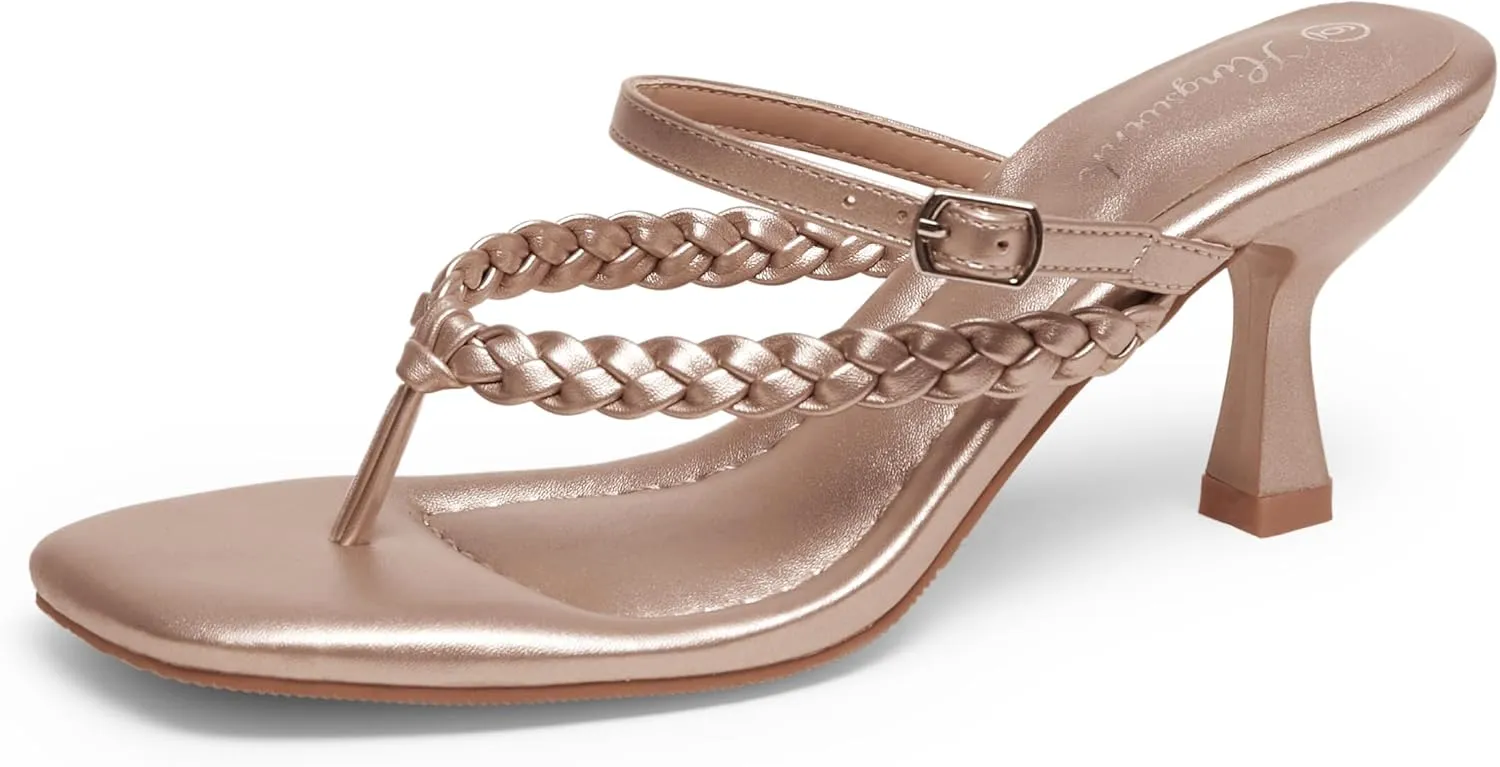 Women's Kitten Heels Open Toe Braided Strappy Heels Sexy Heeled Sandals Square Toe Thong Flip Flop 2 Inch Heel for Women