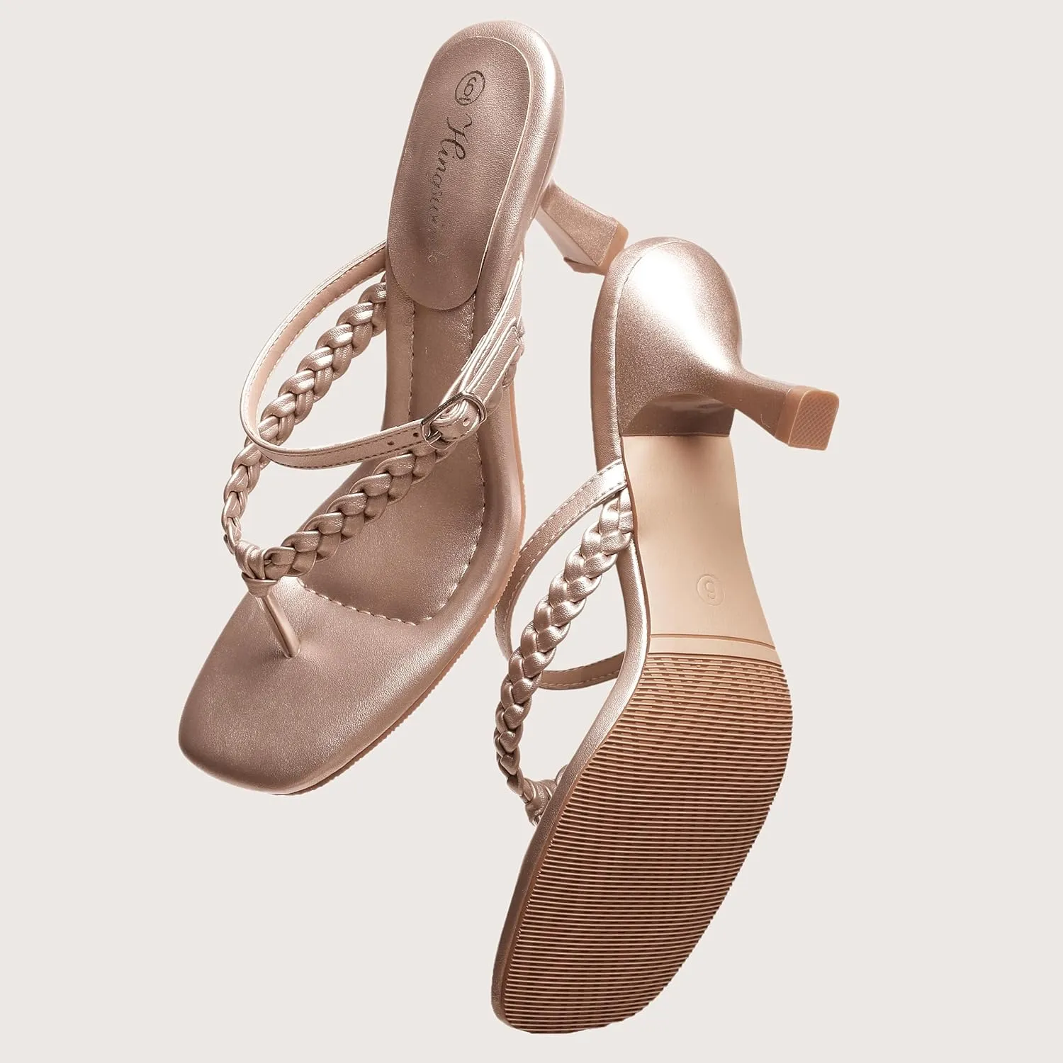 Women's Kitten Heels Open Toe Braided Strappy Heels Sexy Heeled Sandals Square Toe Thong Flip Flop 2 Inch Heel for Women