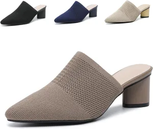Women’s Knit Mesh Chunky Heel Mules Closed Pointed Toe Backless Slip On Mid Block Heel Dress Slide Sandals Summer Breathable Daily Party Pumps