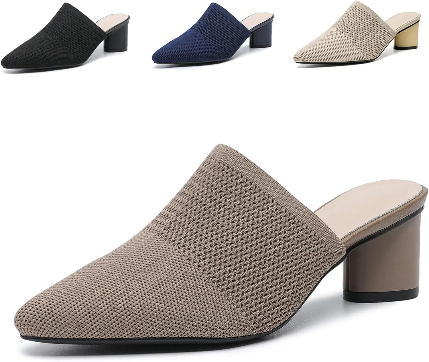 Women’s Knit Mesh Chunky Heel Mules Closed Pointed Toe Backless Slip On Mid Block Heel Dress Slide Sandals Summer Breathable Daily Party Pumps