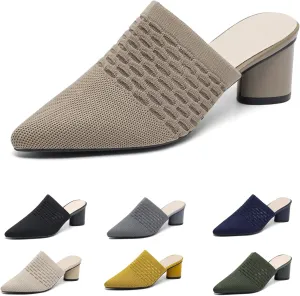 Women’s Knit Mesh Chunky Heel Mules Closed Pointed Toe Backless Slip On Mid Block Heel Dress Slide Sandals Summer Breathable Daily Party Pumps