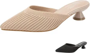 Women’s Knitted Low Kitten Heel Mules Closed Pointed Toe Comfortable Slip On Backless Slide Sandals Daily Office Casual Dress Shoes