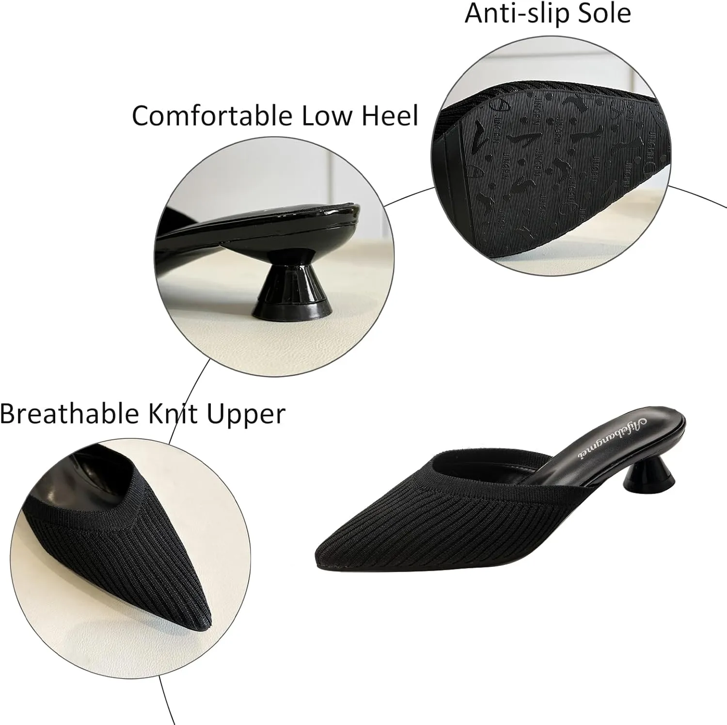 Women’s Knitted Low Kitten Heel Mules Closed Pointed Toe Comfortable Slip On Backless Slide Sandals Daily Office Casual Dress Shoes