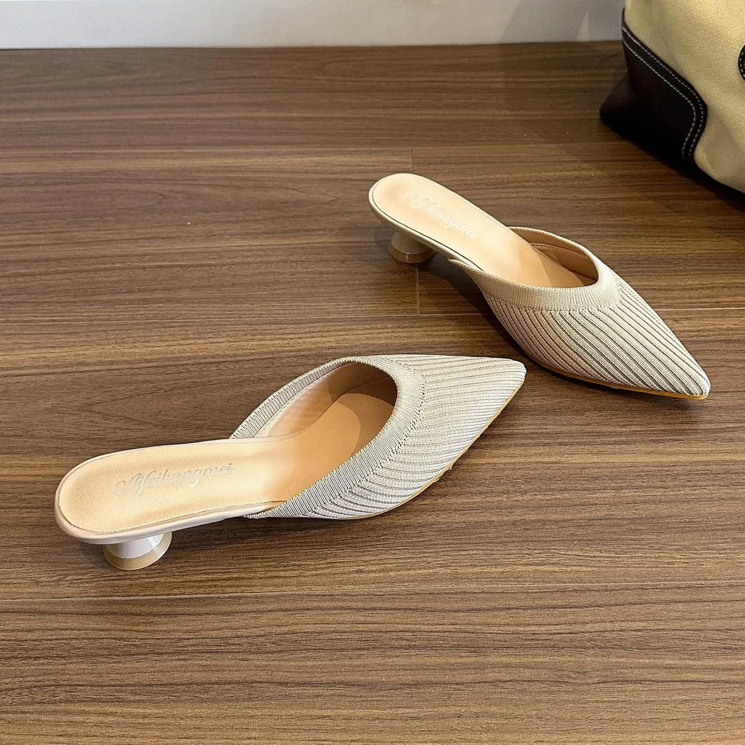 Women’s Knitted Low Kitten Heel Mules Closed Pointed Toe Comfortable Slip On Backless Slide Sandals Daily Office Casual Dress Shoes