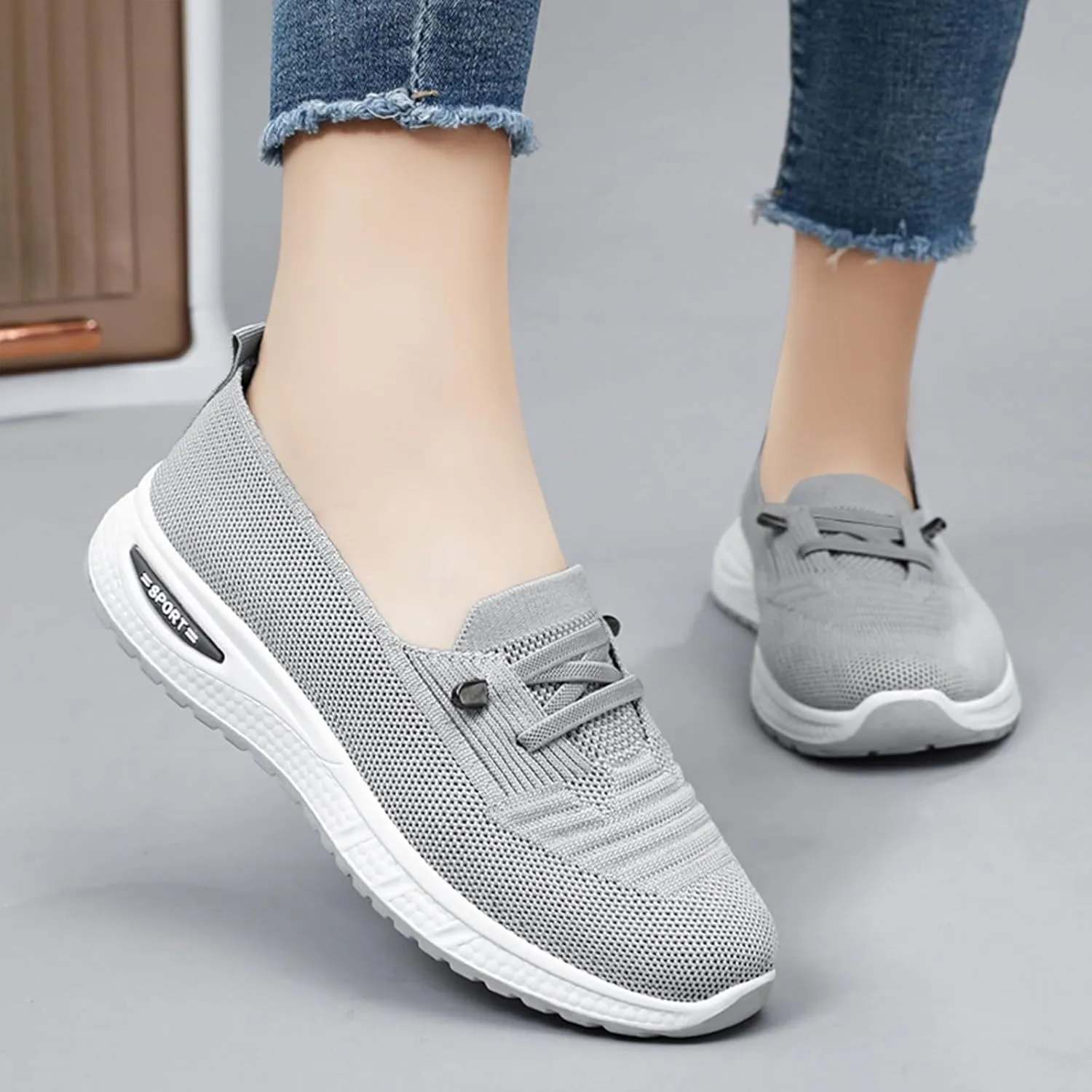 Women's Knitted Mesh Slip On Loafers Lightweight Breathable Orthopedic Soft Sole Flat Sneakers Casual Non-Slip Driving Walking Shoes