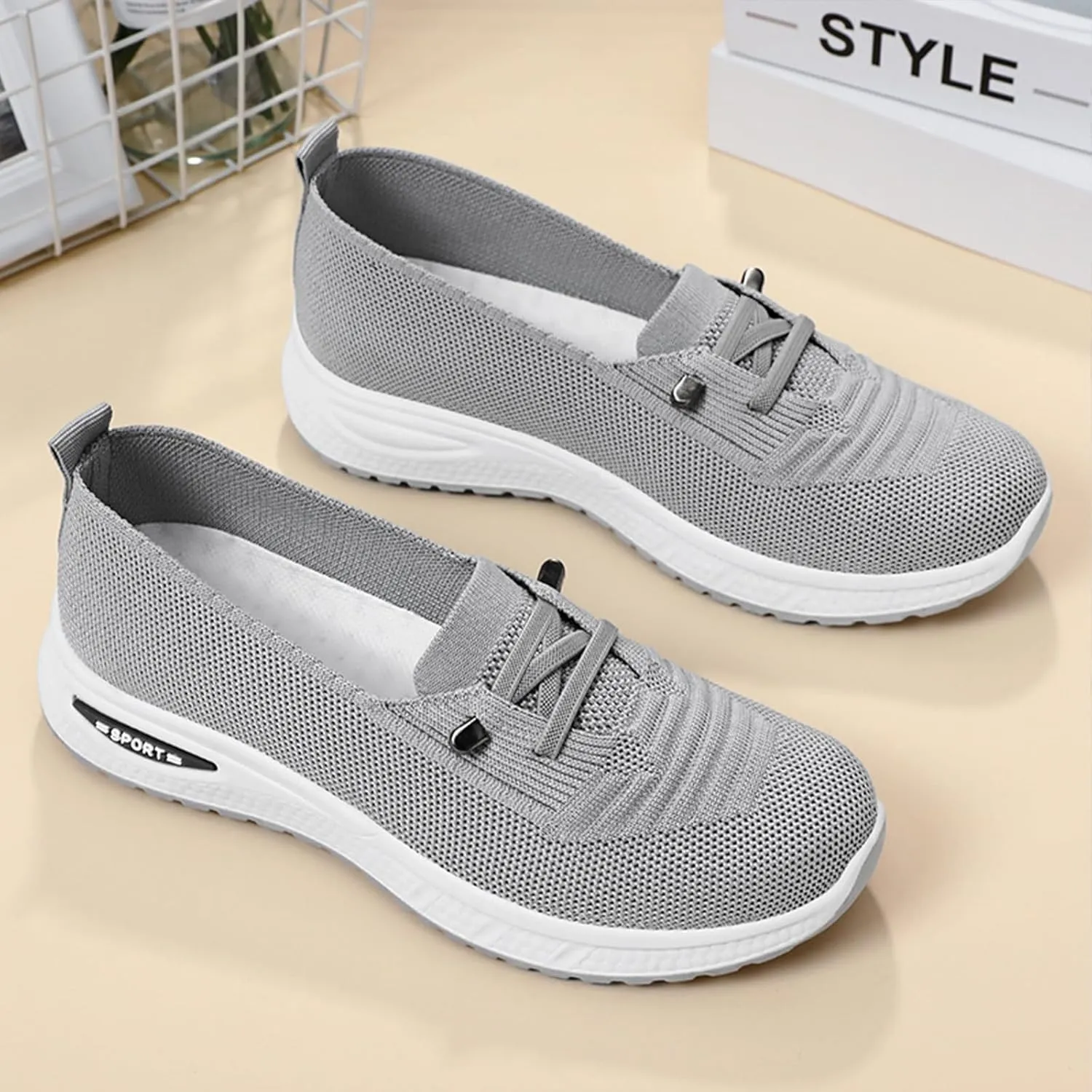 Women's Knitted Mesh Slip On Loafers Lightweight Breathable Orthopedic Soft Sole Flat Sneakers Casual Non-Slip Driving Walking Shoes