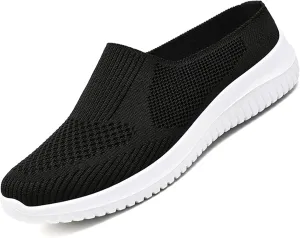 Women's Knitted Mesh Walking Mules Fashion Backless Breathable Lightweight Slip On Sneakers Soft Sole Non-Slip Loafers