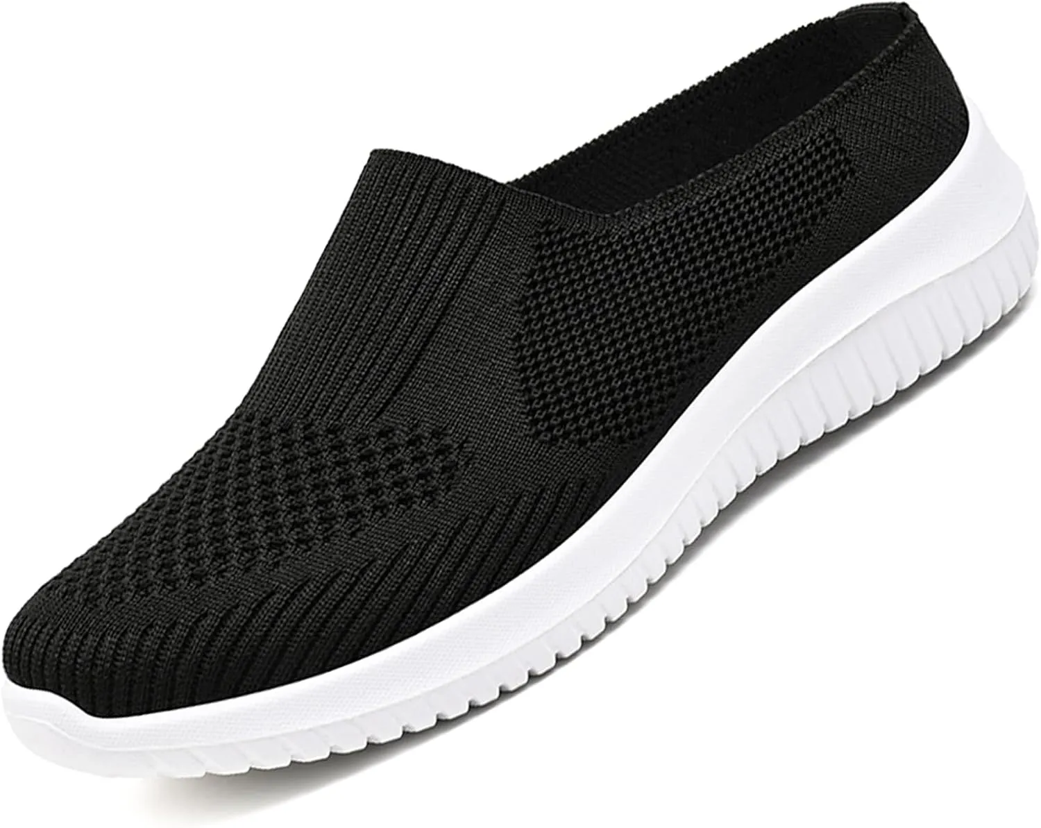 Women's Knitted Mesh Walking Mules Fashion Backless Breathable Lightweight Slip On Sneakers Soft Sole Non-Slip Loafers
