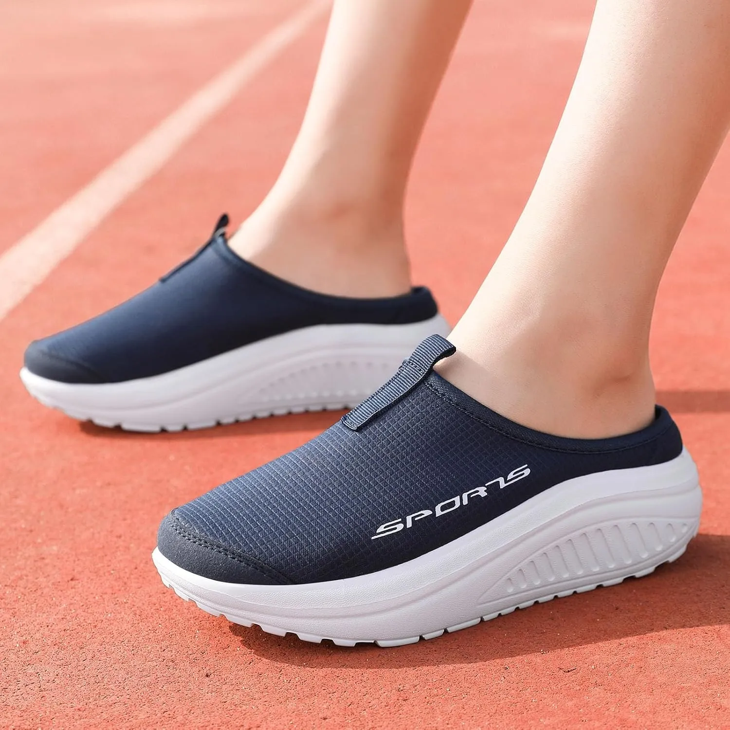 Women's Knitting Platform Slip-On Mule Walking Shoes with Arch-Support Comfort Round Toe Wedge Soft Sole Mesh Open Back Clog Rocking Shoes Lightweight Indoor Outdoor House Slippers