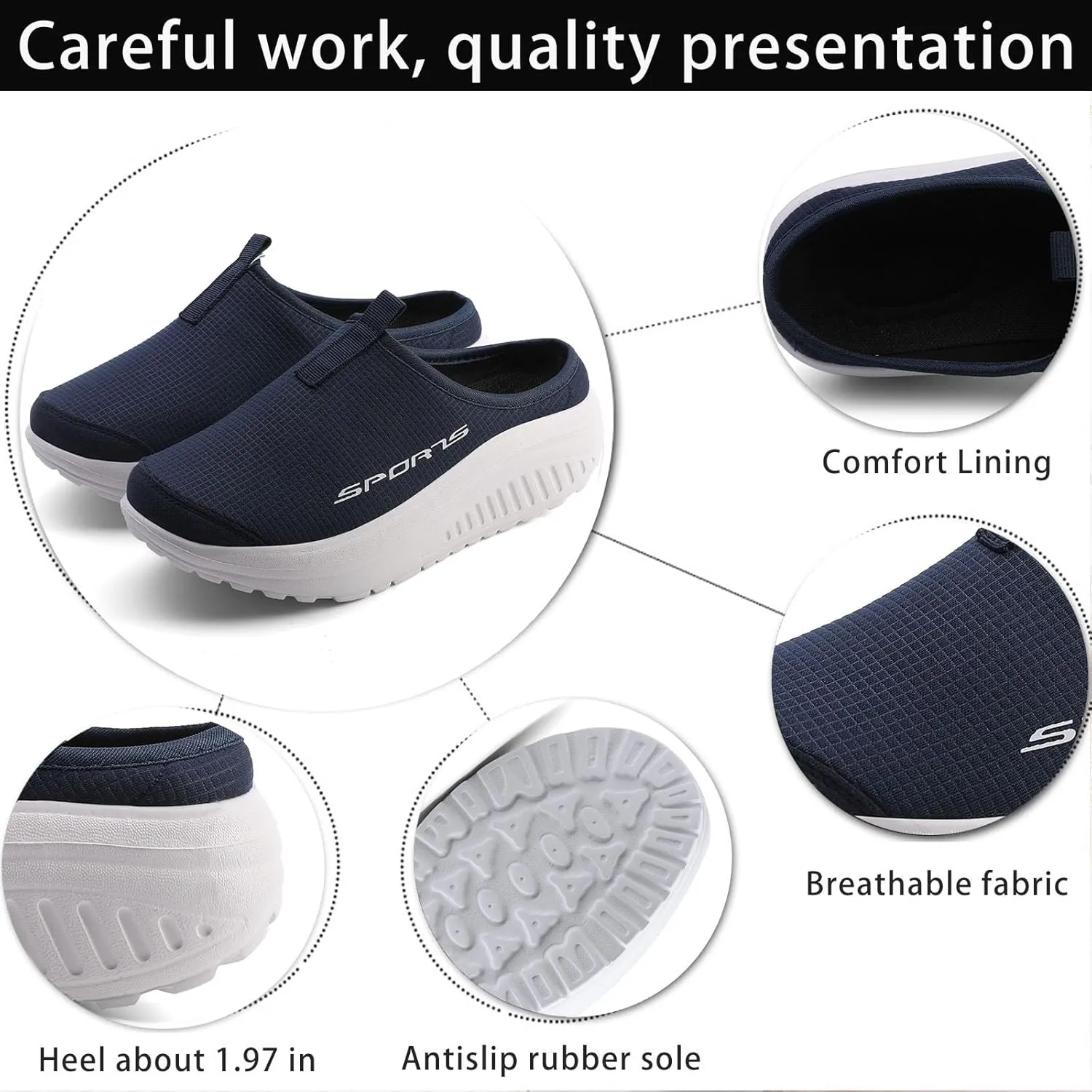 Women's Knitting Platform Slip-On Mule Walking Shoes with Arch-Support Comfort Round Toe Wedge Soft Sole Mesh Open Back Clog Rocking Shoes Lightweight Indoor Outdoor House Slippers