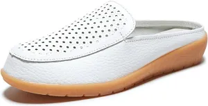 Womens Leather Hollow Slip-On Lightweight Flat Mules Closed Round Toe Comfortable Soft Non-Slip Backless Casual Penny Shoes for Daily Walking Outdoor