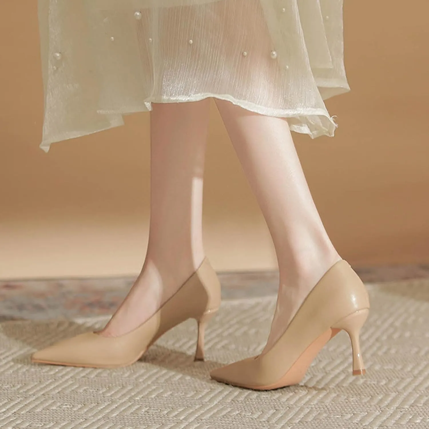 Women's Leather Slip On Kitten Heel Pumps Fashion Pointed Toe Mid Heels Business Work Office Dress Shoes Daily Breathable Non-Slip Pumps