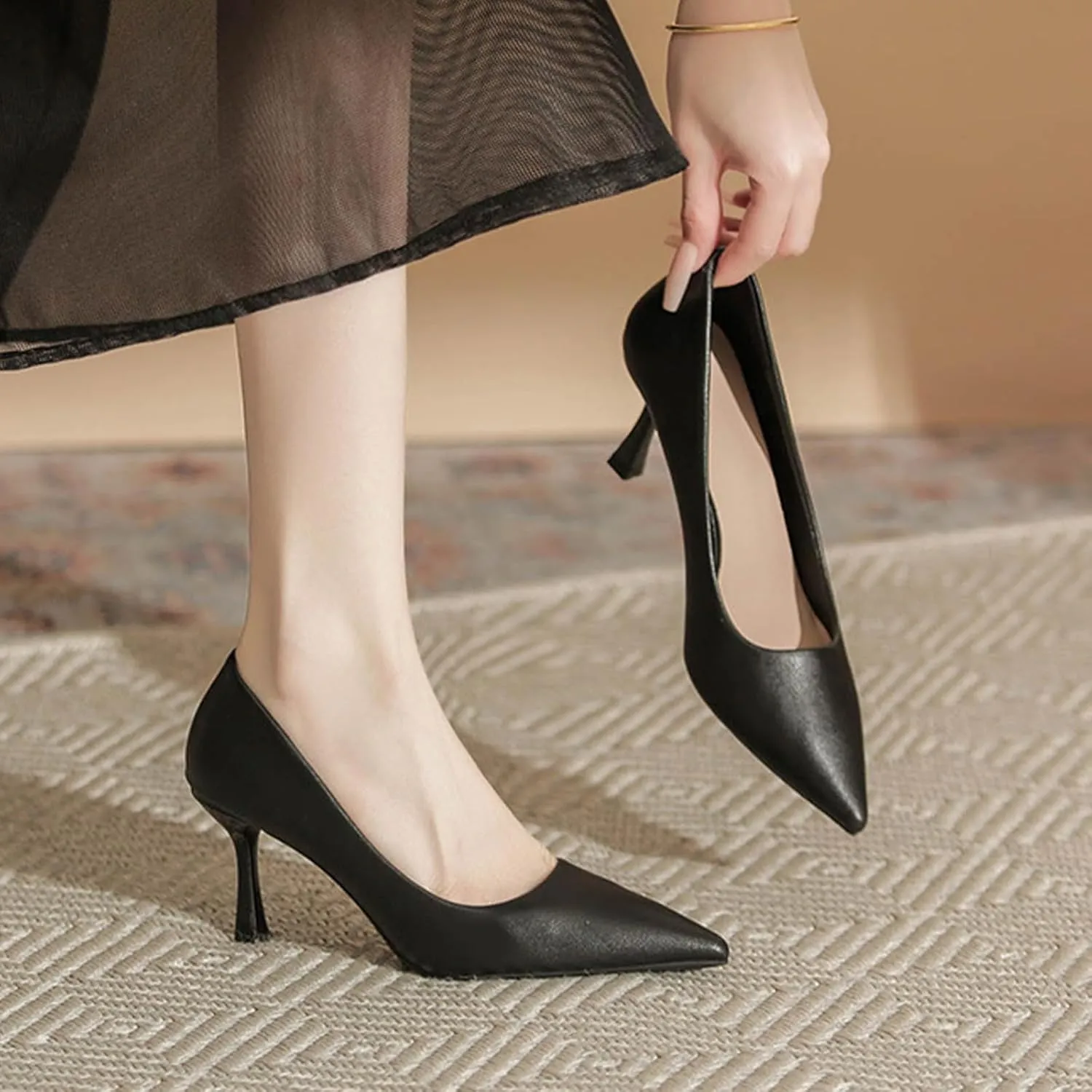 Women's Leather Slip On Kitten Heel Pumps Fashion Pointed Toe Mid Heels Business Work Office Dress Shoes Daily Breathable Non-Slip Pumps