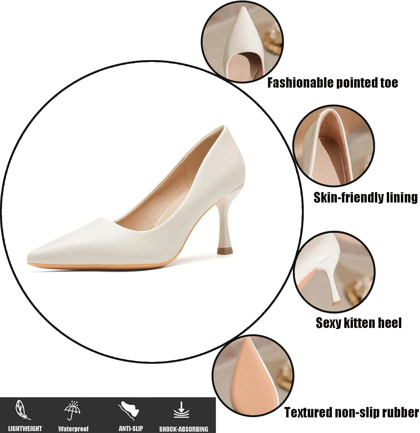 Women's Leather Slip On Kitten Heel Pumps Fashion Pointed Toe Mid Heels Business Work Office Dress Shoes Daily Breathable Non-Slip Pumps
