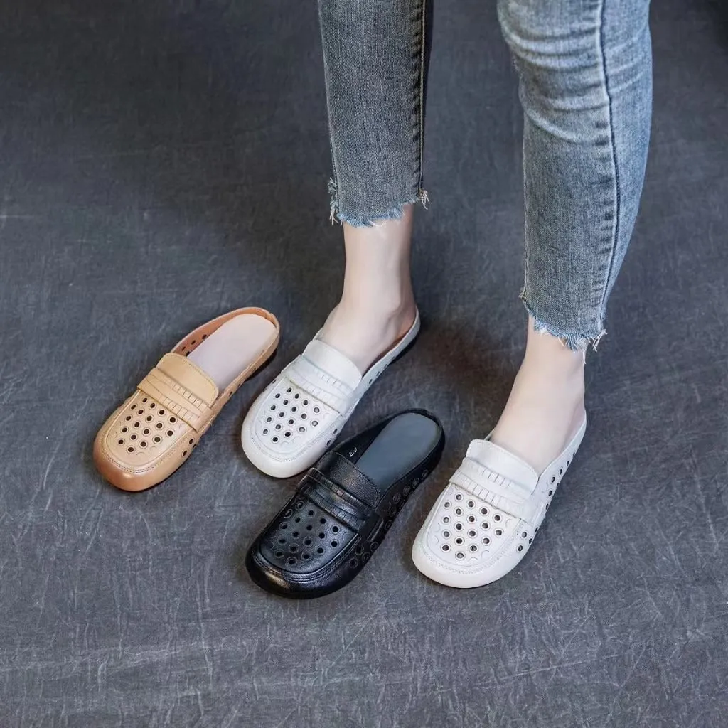 Women's Leather Summer Hollow Out Flat Mule Shoes