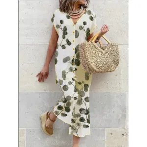Women's Maxi Dress - Flowy Loose Fit - V-Neck Button Down - Short Sleeve Casual Wear