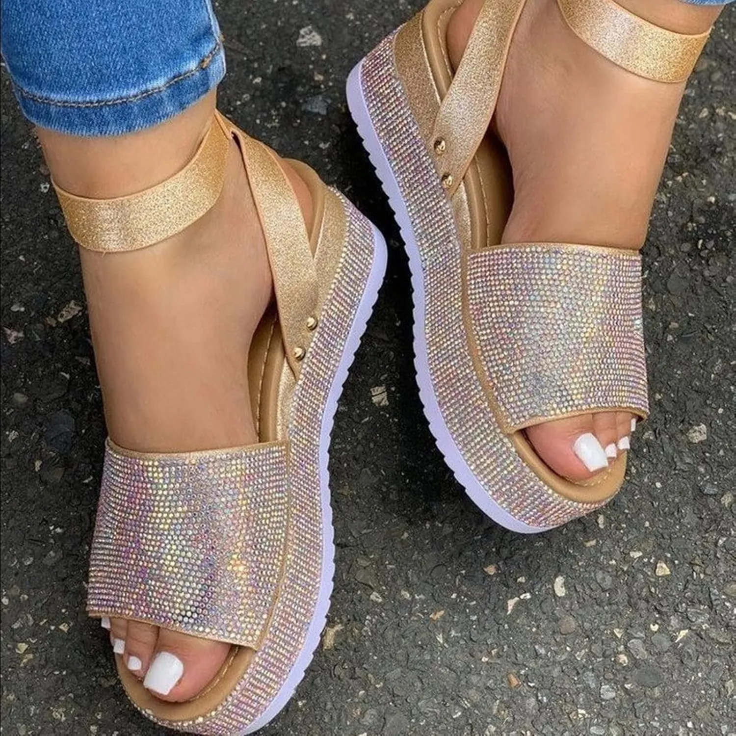 Women's Open Toe Sandals Rhinestone Glitter Fashion Flatform Sandal Ankle Strap Crystal Platform Summer Casual Sparkly Shoes