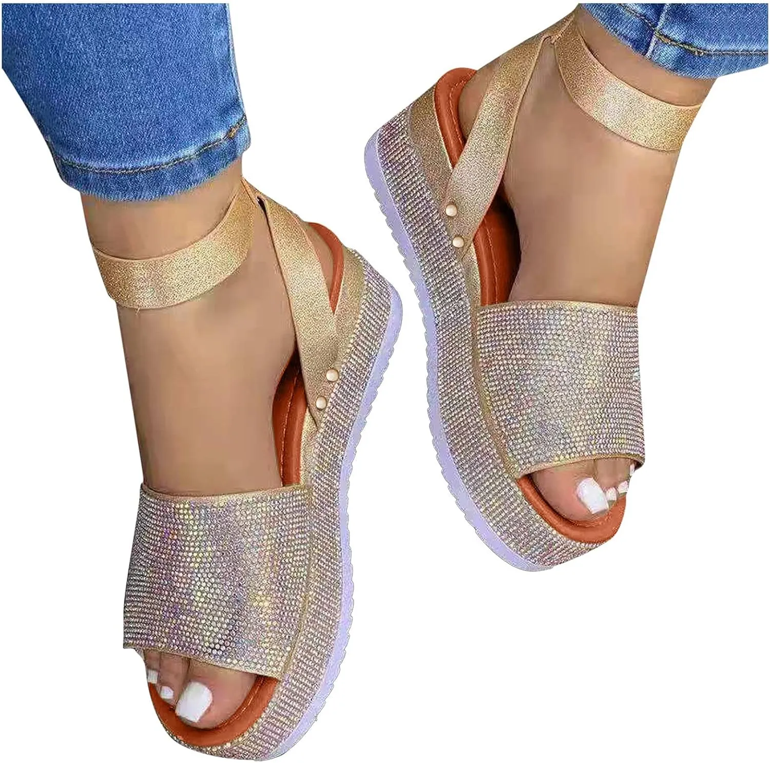 Women's Open Toe Sandals Rhinestone Glitter Fashion Flatform Sandal Ankle Strap Crystal Platform Summer Casual Sparkly Shoes