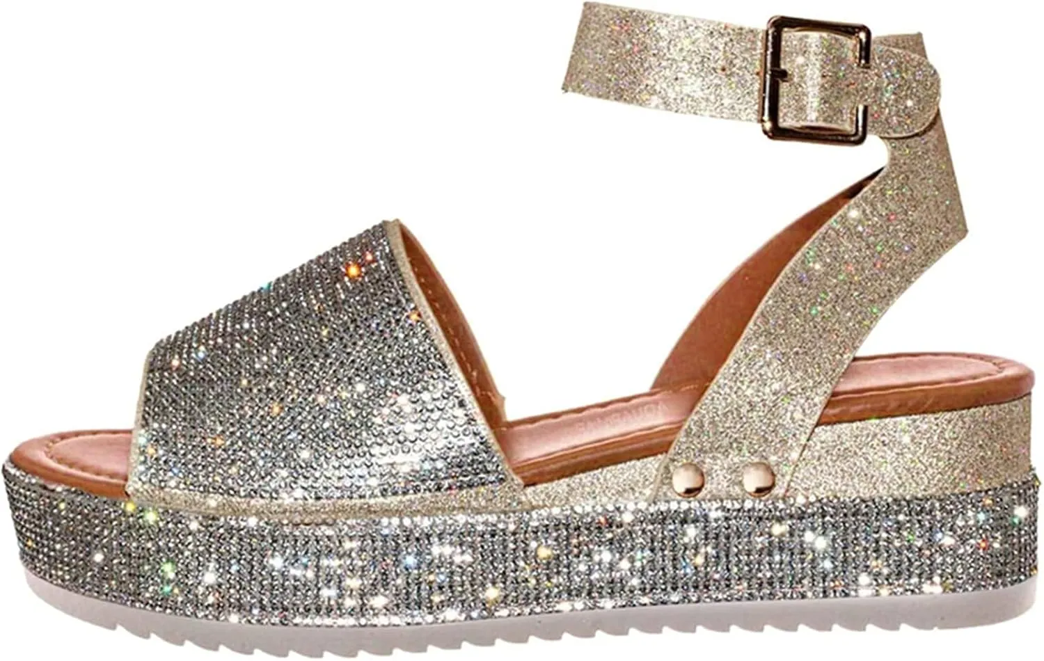 Women's Open Toe Sandals Rhinestone Glitter Fashion Flatform Sandal Ankle Strap Crystal Platform Summer Casual Sparkly Shoes