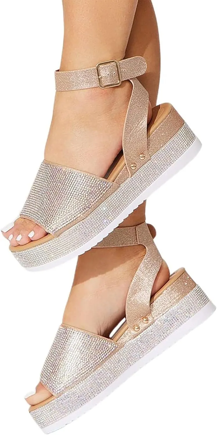 Women's Open Toe Sandals Rhinestone Glitter Fashion Flatform Sandal Ankle Strap Crystal Platform Summer Casual Sparkly Shoes