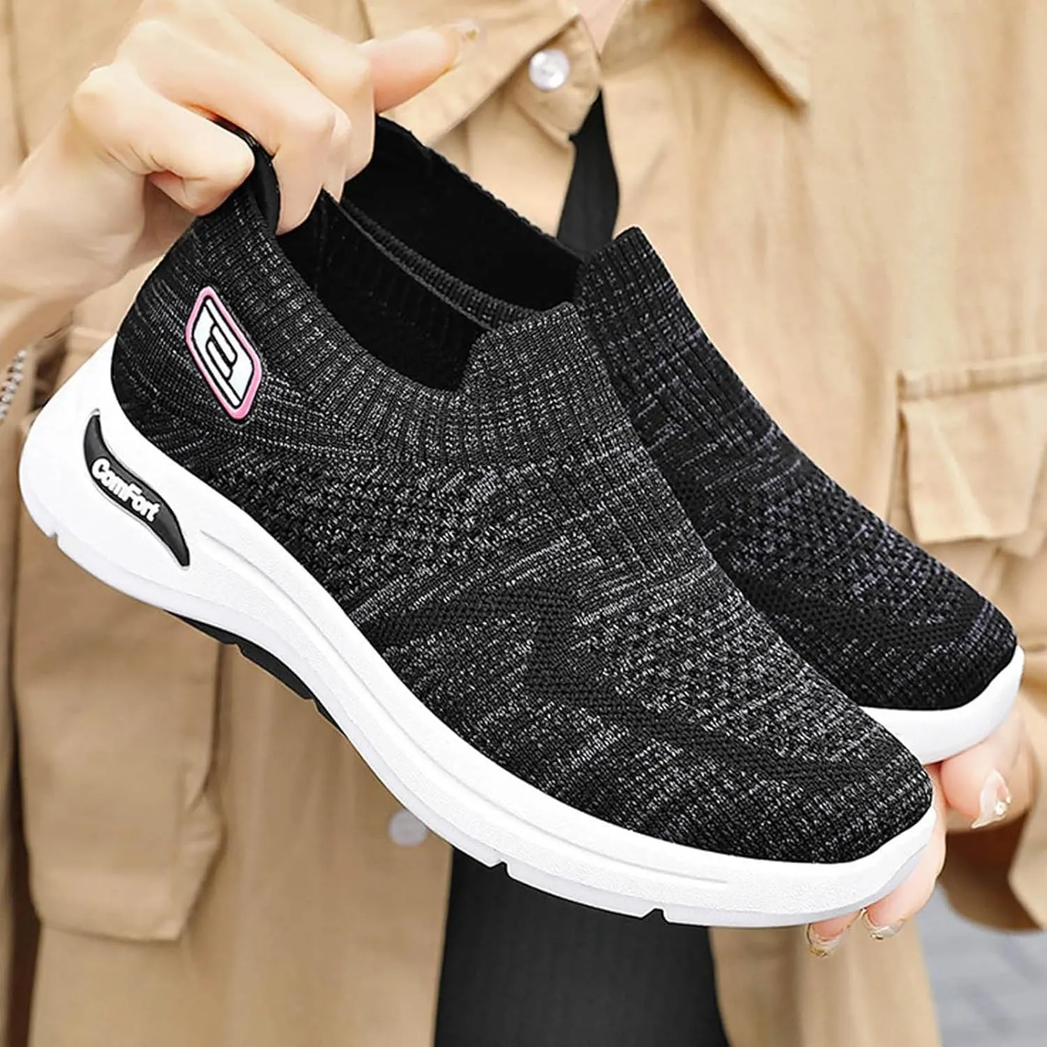 Womens Orthopedic Sneakers Slip On Running Tennis Shoes Breathable Woven Nurse Shoes Casual Air Cushion Walking Shoes