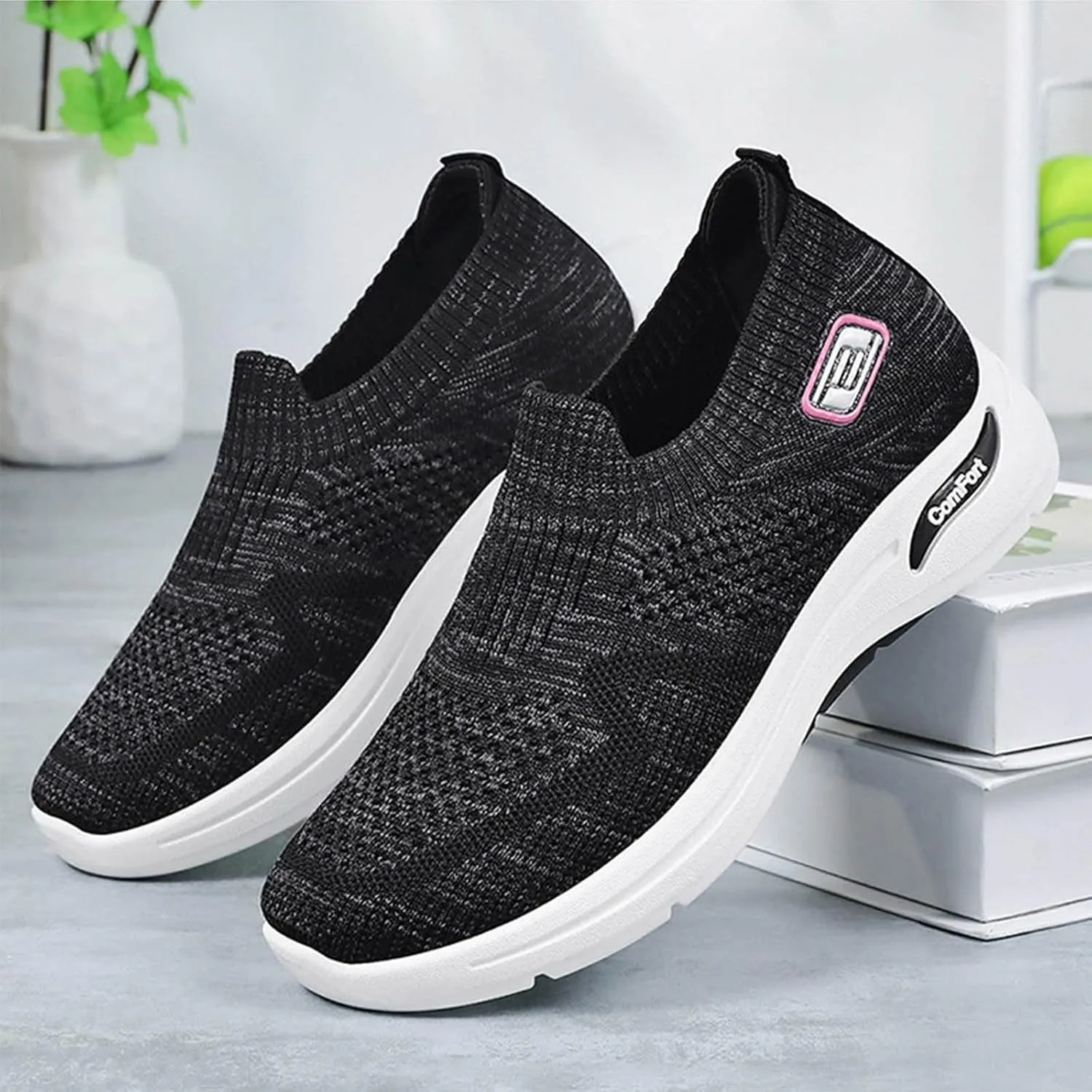 Womens Orthopedic Sneakers Slip On Running Tennis Shoes Breathable Woven Nurse Shoes Casual Air Cushion Walking Shoes