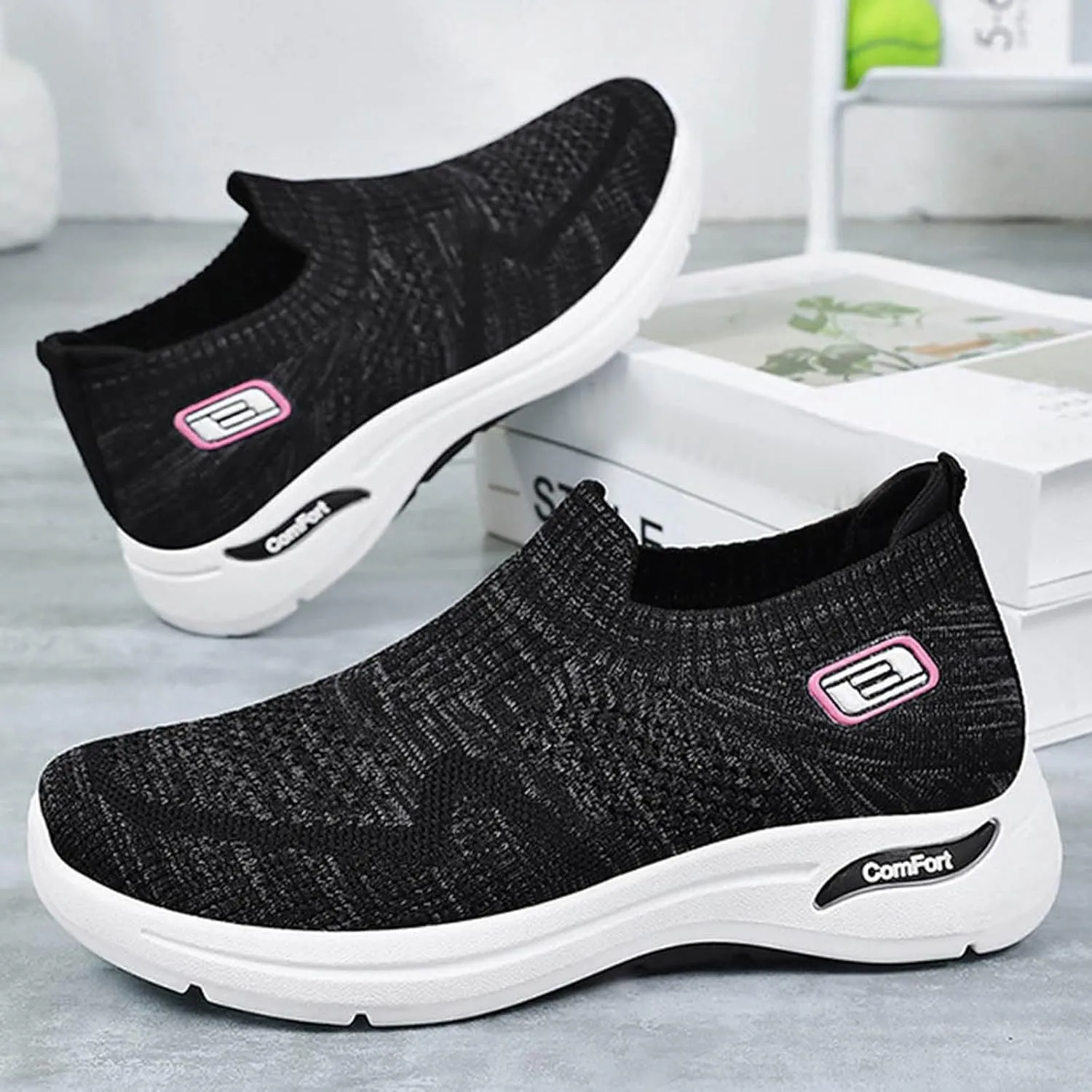 Womens Orthopedic Sneakers Slip On Running Tennis Shoes Breathable Woven Nurse Shoes Casual Air Cushion Walking Shoes