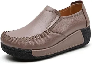Women's Platform Leather Loafers, Breathable Non-Slip Good Arch Work Nurse Shoes, Rocking Walking Slip-On