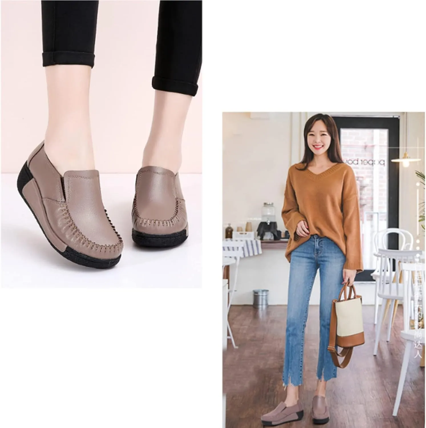 Women's Platform Leather Loafers, Breathable Non-Slip Good Arch Work Nurse Shoes, Rocking Walking Slip-On