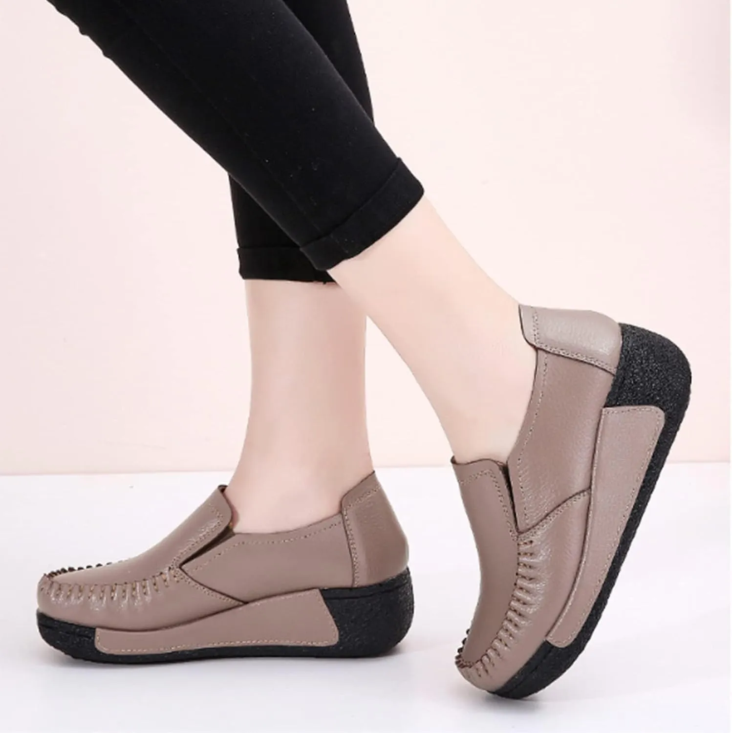 Women's Platform Leather Loafers, Breathable Non-Slip Good Arch Work Nurse Shoes, Rocking Walking Slip-On