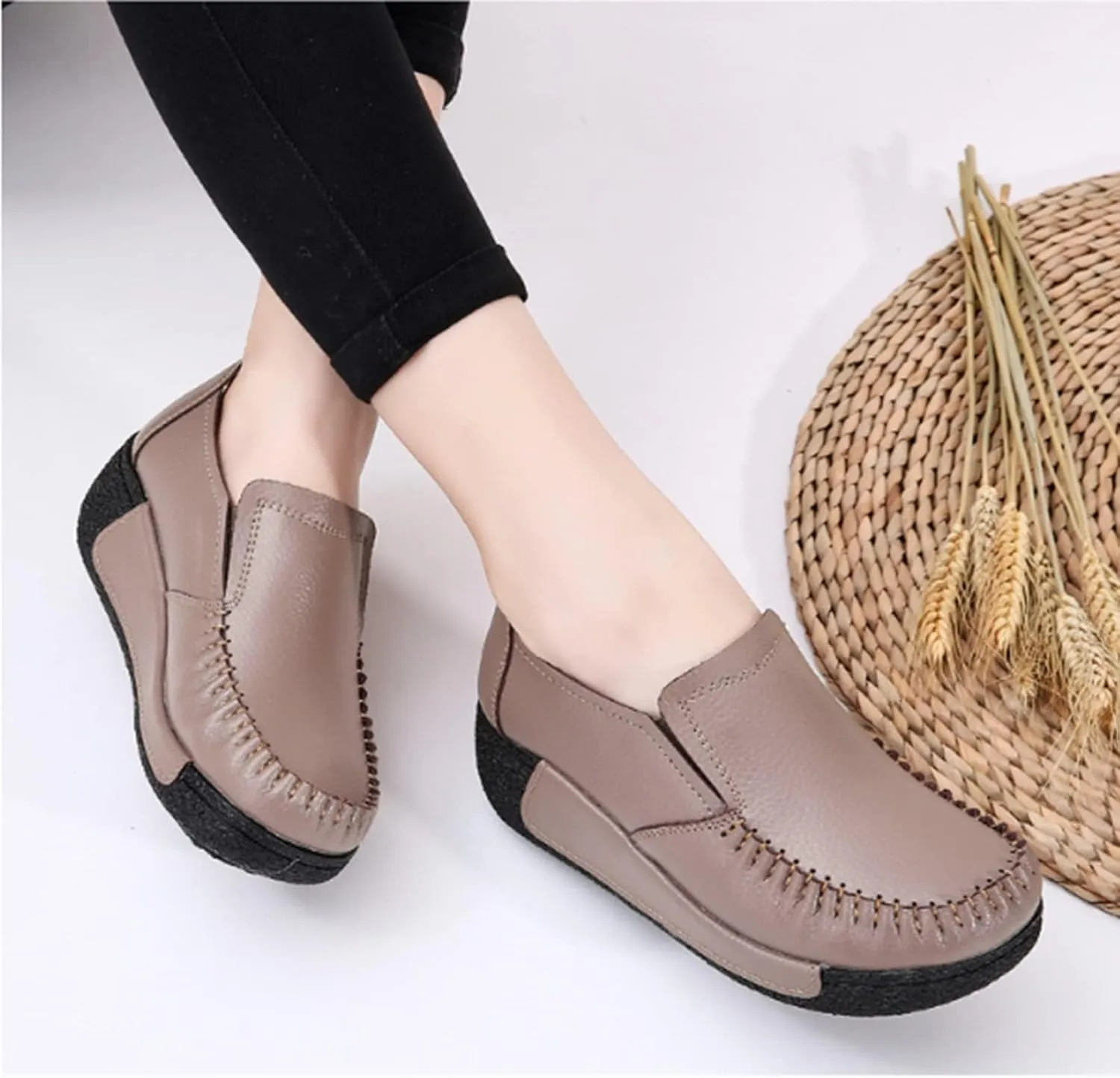 Women's Platform Leather Loafers, Breathable Non-Slip Good Arch Work Nurse Shoes, Rocking Walking Slip-On