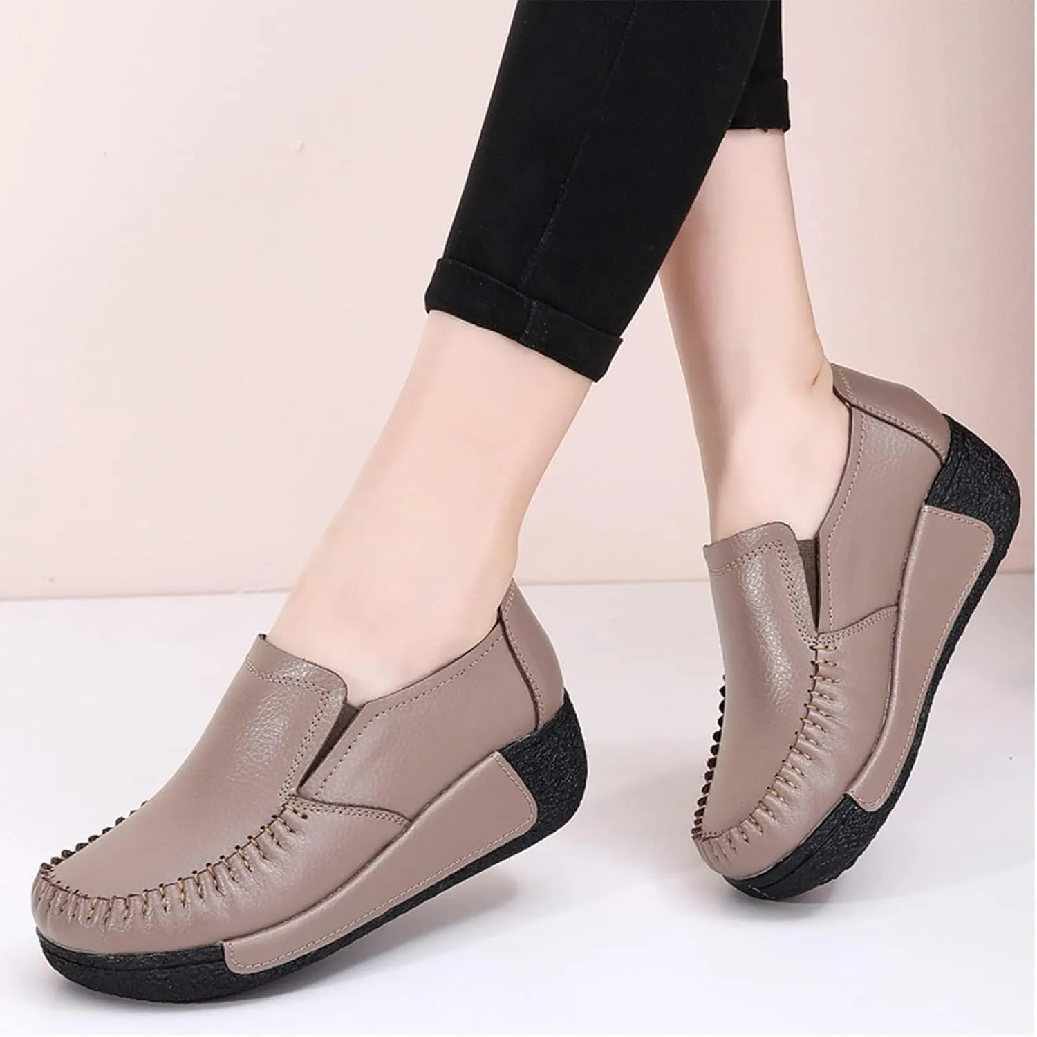 Women's Platform Leather Loafers, Breathable Non-Slip Good Arch Work Nurse Shoes, Rocking Walking Slip-On