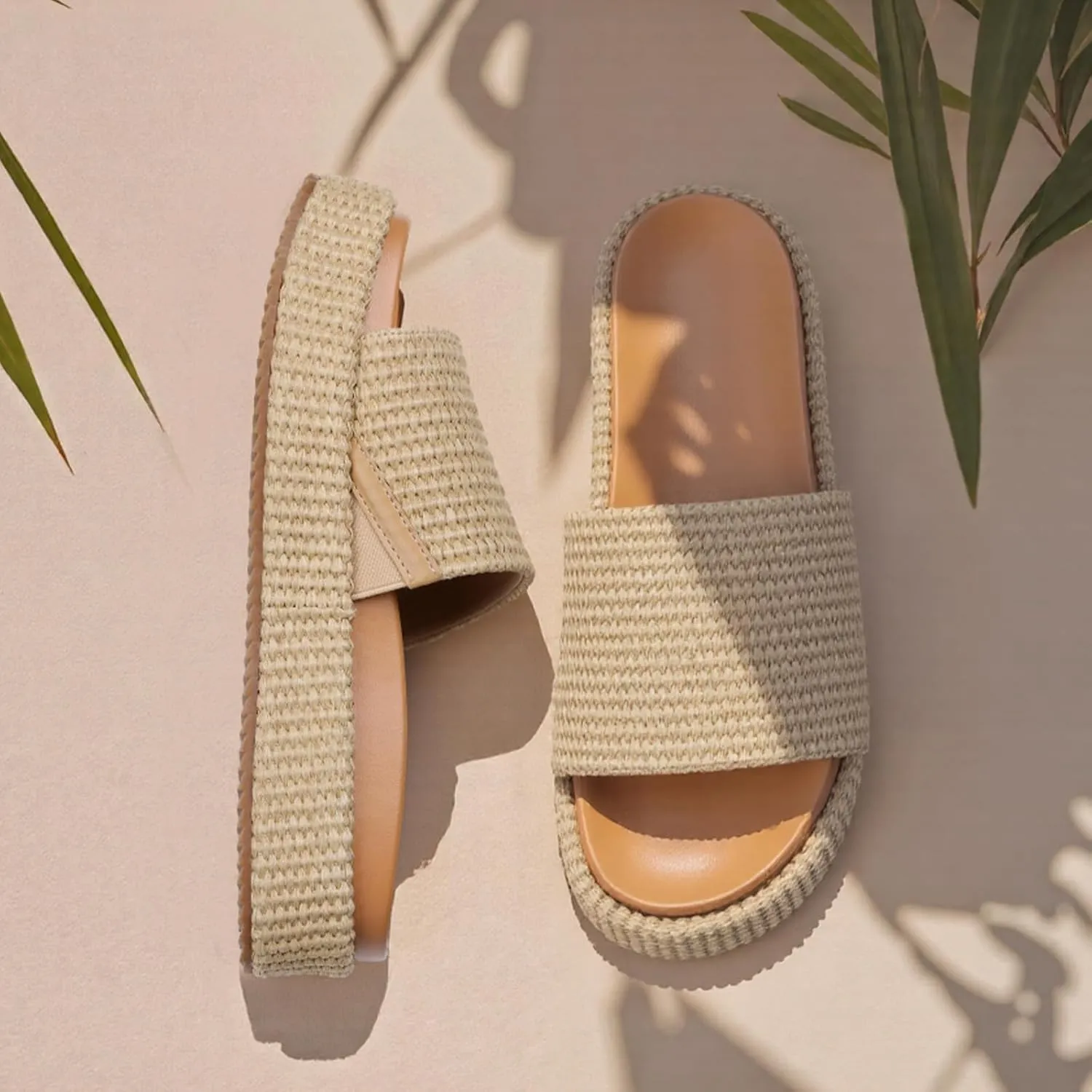 Women's Platform Wedge espadrille slides Summer Beach Cute Raffia Slip On Woven Dress Slides Open Toe Comfortable Resort Wear Trending 2025