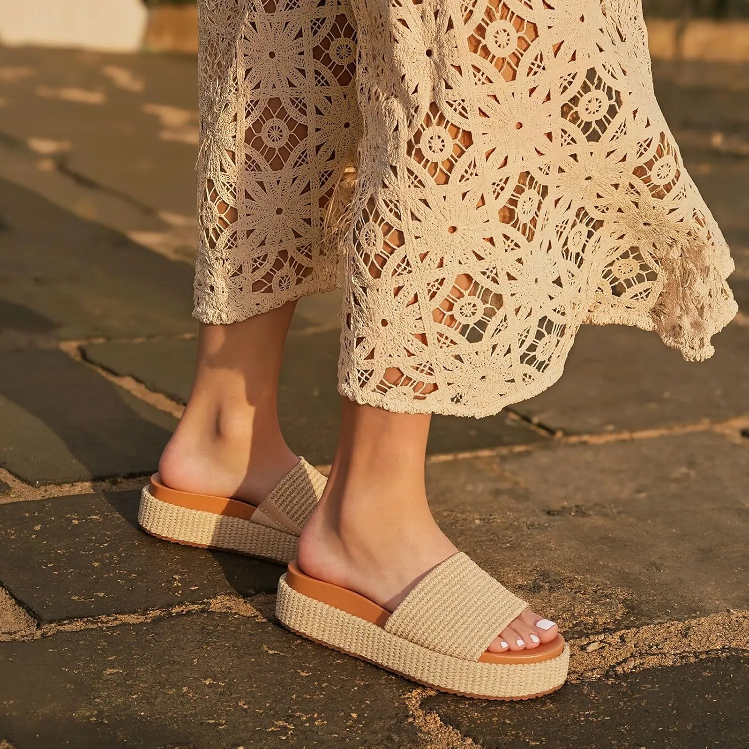 Women's Platform Wedge espadrille slides Summer Beach Cute Raffia Slip On Woven Dress Slides Open Toe Comfortable Resort Wear Trending 2025