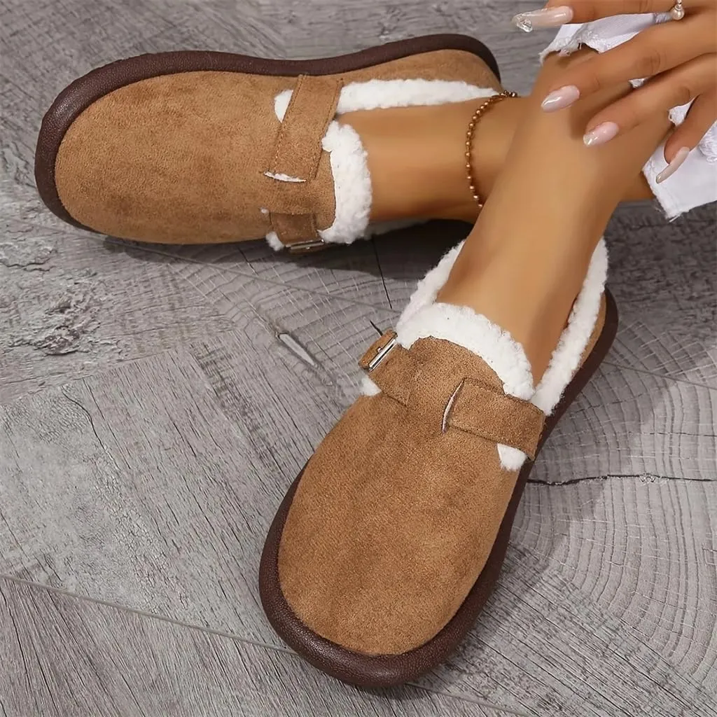 Women's Plush Round Toe Slip-On Flats, Women's Plush Lined Orthopedic Slip-On Shoes, Retro Buckle Strap Round Toe Flat Loafers