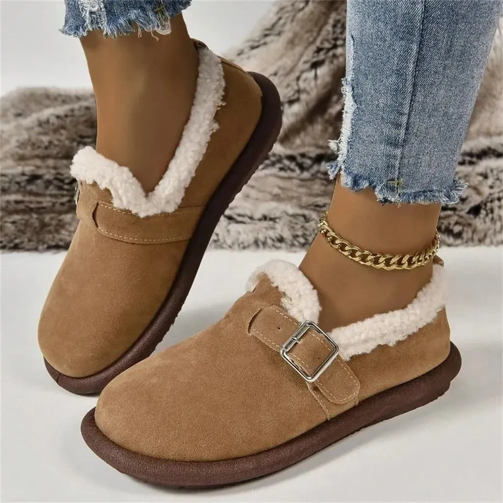 Women's Plush Round Toe Slip-On Flats, Women's Plush Lined Orthopedic Slip-On Shoes, Retro Buckle Strap Round Toe Flat Loafers