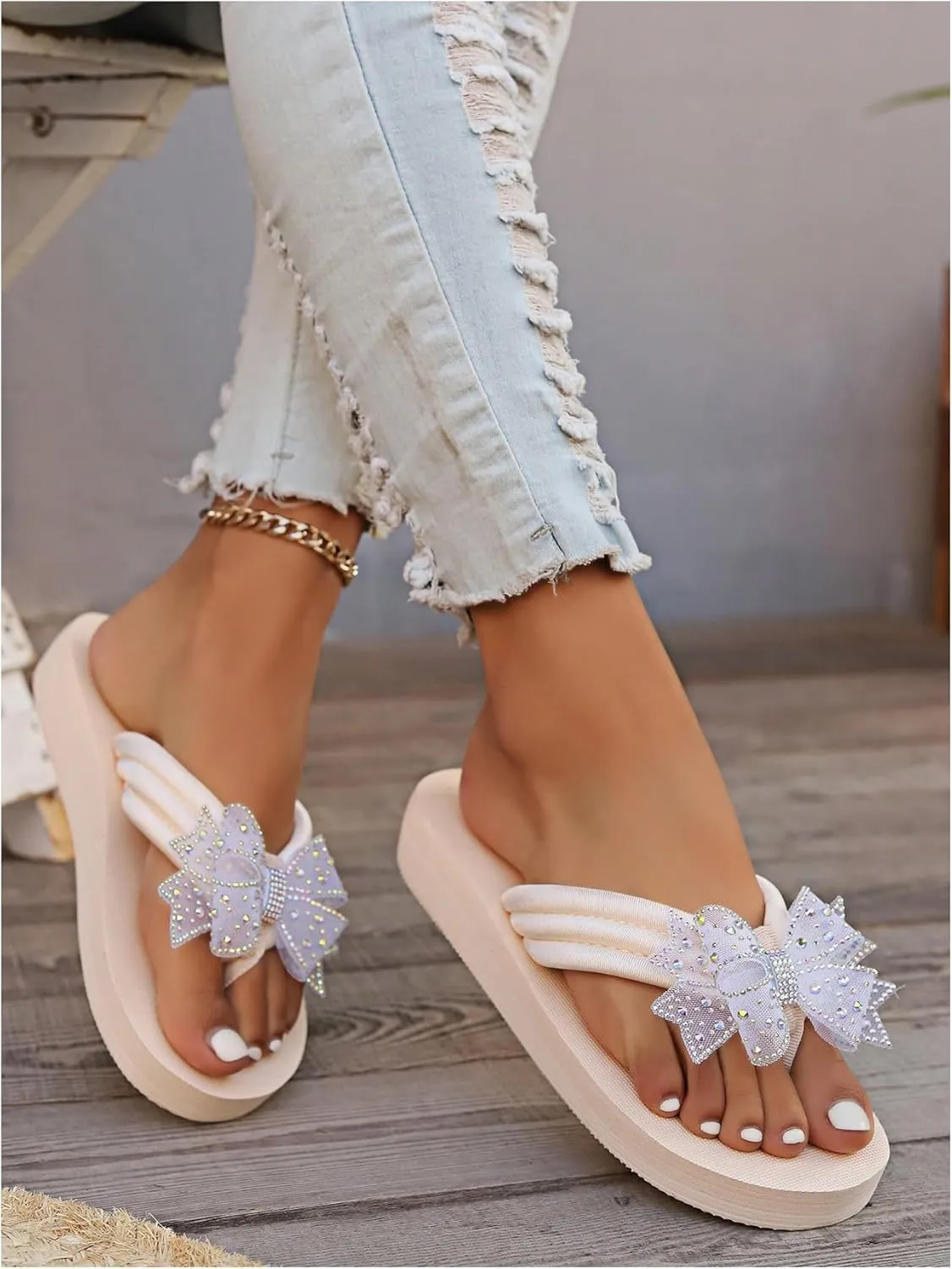 Women's Rhinestone Bow Thong Sandals Toe Post Open Toe Dressy Flip Flop Sandals