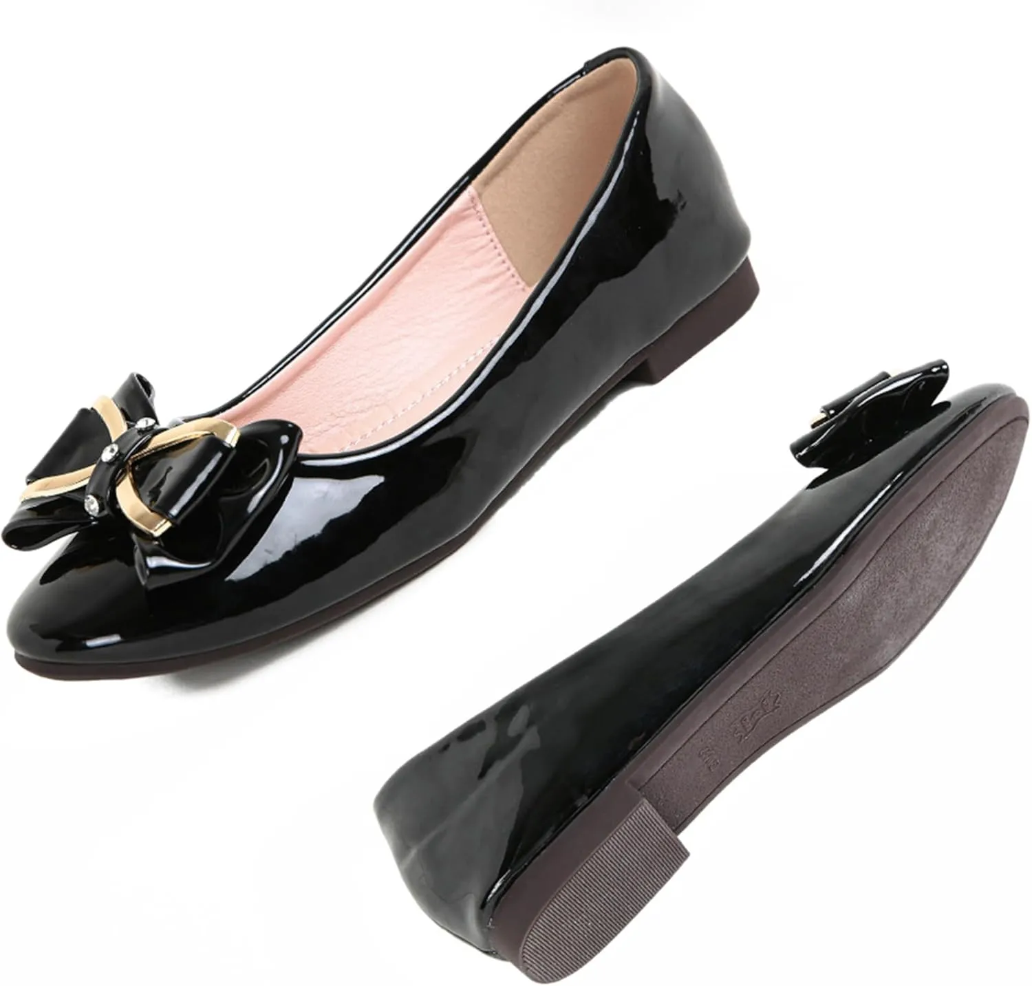 Women's Round Toe Leather Flats Cute Bow Ballet Flats Dress Shoes Comfort Slip on Flat Shoe