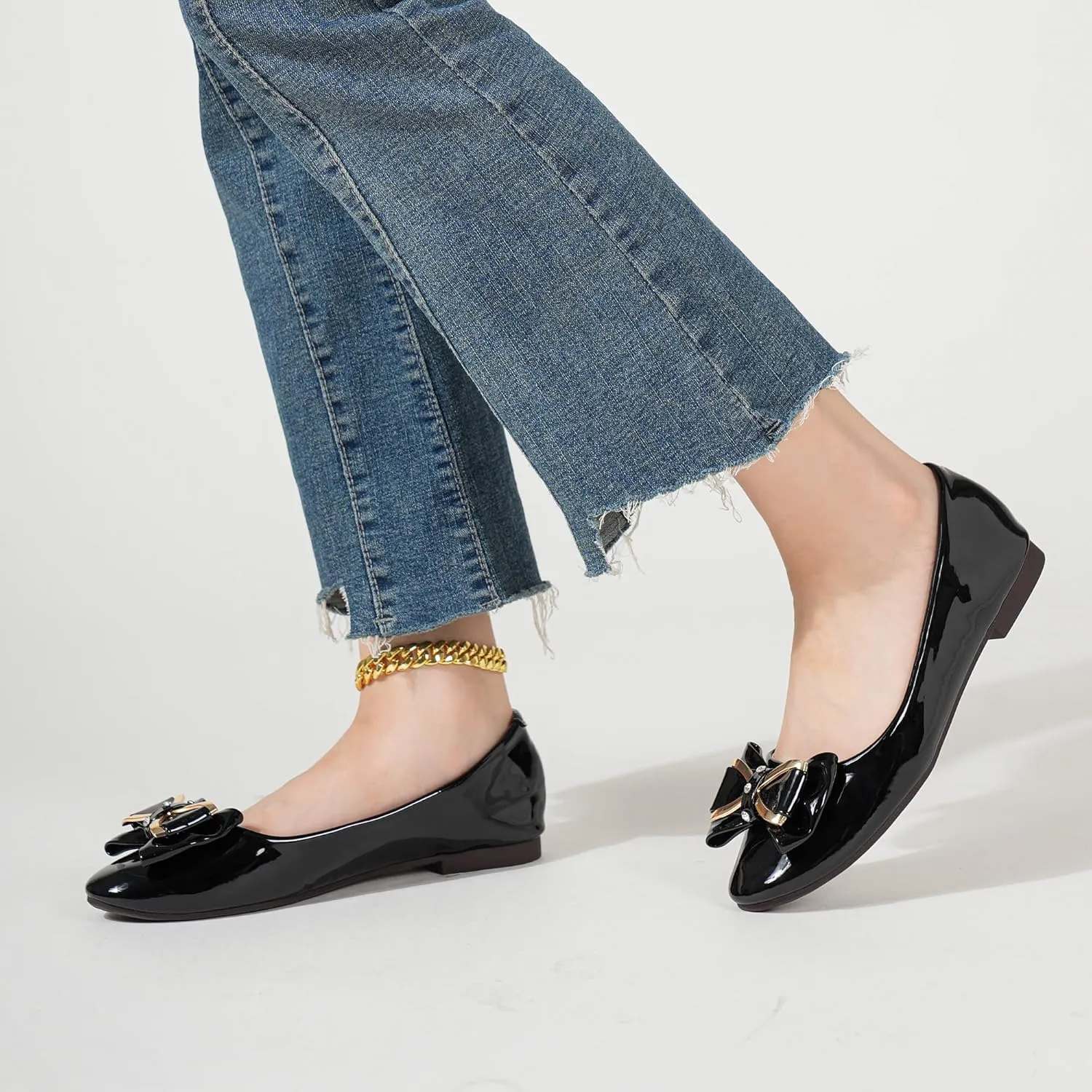 Women's Round Toe Leather Flats Cute Bow Ballet Flats Dress Shoes Comfort Slip on Flat Shoe