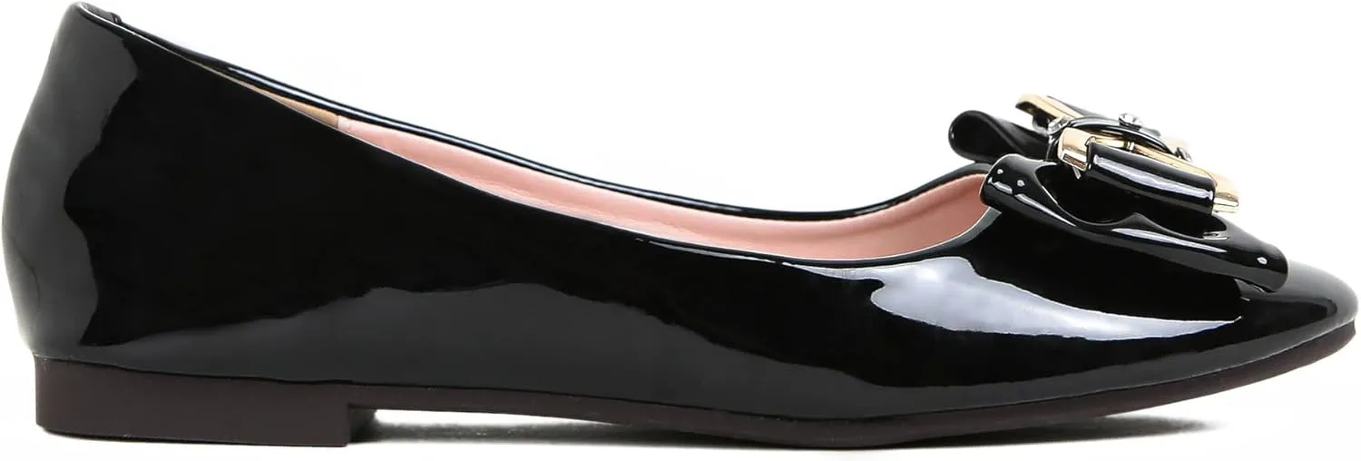 Women's Round Toe Leather Flats Cute Bow Ballet Flats Dress Shoes Comfort Slip on Flat Shoe