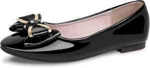 Women's Round Toe Leather Flats Cute Bow Ballet Flats Dress Shoes Comfort Slip on Flat Shoe