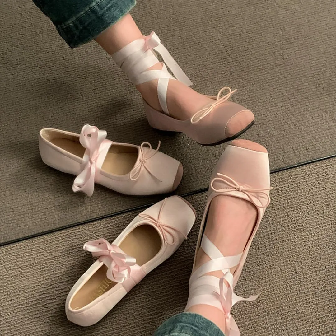 Women's Satin Ballet Flats Shoes Square Toe Silk Lace Up Ankle Strap Ladies Prom Wedding Bridal Shoes