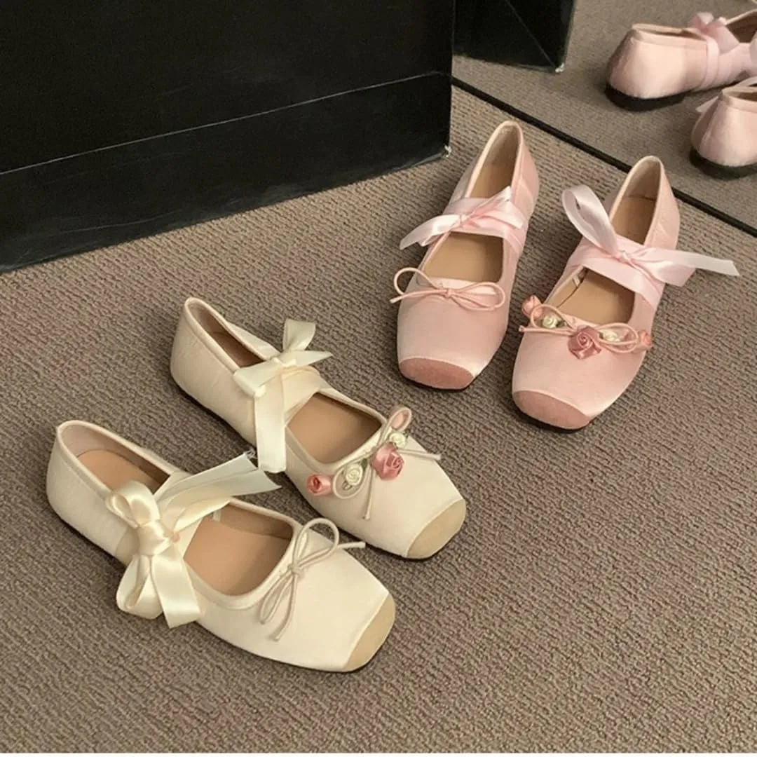 Women's Satin Ballet Flats Shoes Square Toe Silk Lace Up Ankle Strap Ladies Prom Wedding Bridal Shoes
