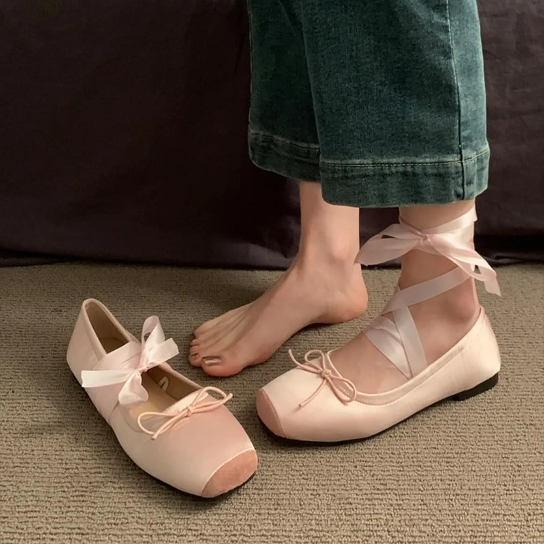 Women's Satin Ballet Flats Shoes Square Toe Silk Lace Up Ankle Strap Ladies Prom Wedding Bridal Shoes