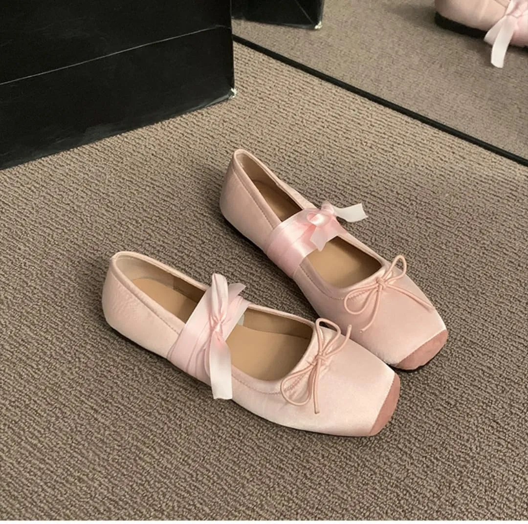 Women's Satin Ballet Flats Shoes Square Toe Silk Lace Up Ankle Strap Ladies Prom Wedding Bridal Shoes