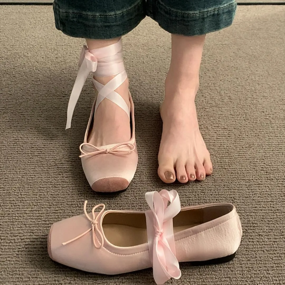 Women's Satin Ballet Flats Shoes Square Toe Silk Lace Up Ankle Strap Ladies Prom Wedding Bridal Shoes
