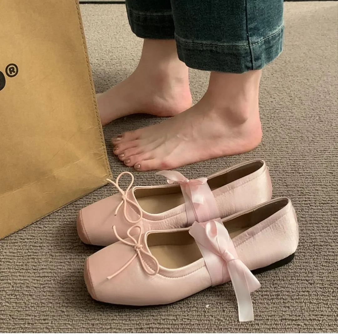 Women's Satin Ballet Flats Shoes Square Toe Silk Lace Up Ankle Strap Ladies Prom Wedding Bridal Shoes