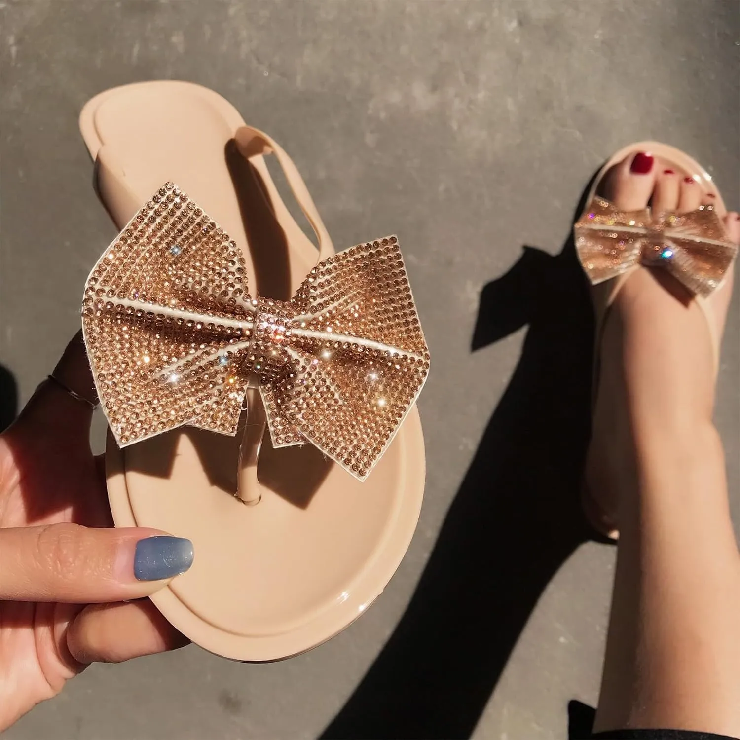 Womens Shiny Rhinestone Bowknot Flat Flip-Flops Colorful Jewelry Rhinestones Sequins Sandals Summer Beach Jelly Clip Toe Slippers Shoes
